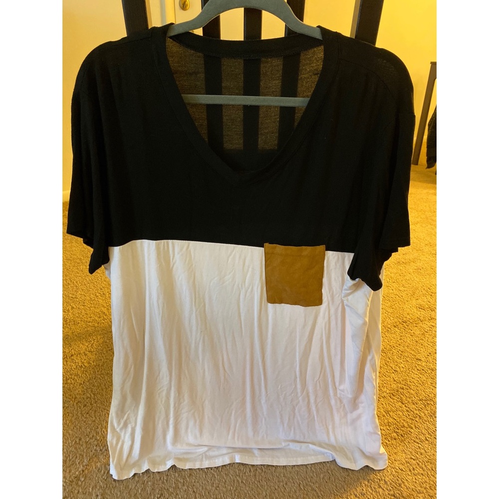 Black and White Tee with Brown Pocket